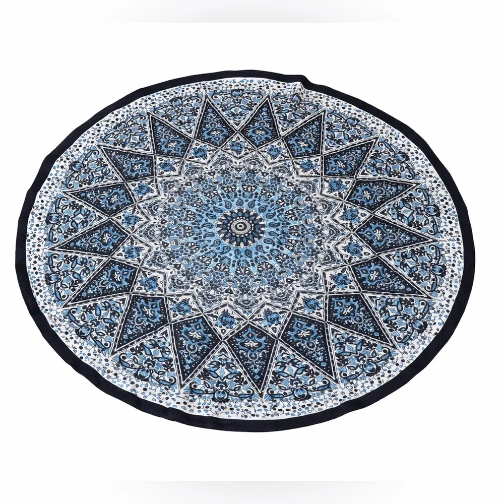 Round Blue Mandala Beach Towel in blue and black print